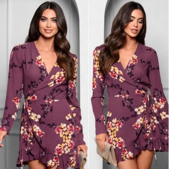 Private Label Dresses & Skirts - (10)New Plum Orchid Floral Women Spring Long Sleeves Pretty Surplice Wrap Dress